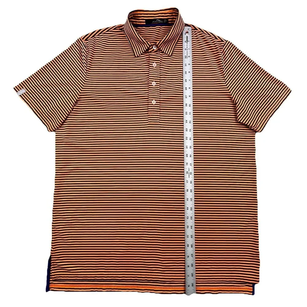 Ralph Lauren RLX Polo Shirt Mens Large Orange Black Stripe Performance Golf Tour